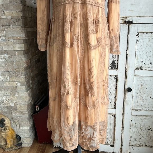Orange Creek lined lace embroidered scalloped hem boho hippie dress tan/orange - Picture 7 of 16